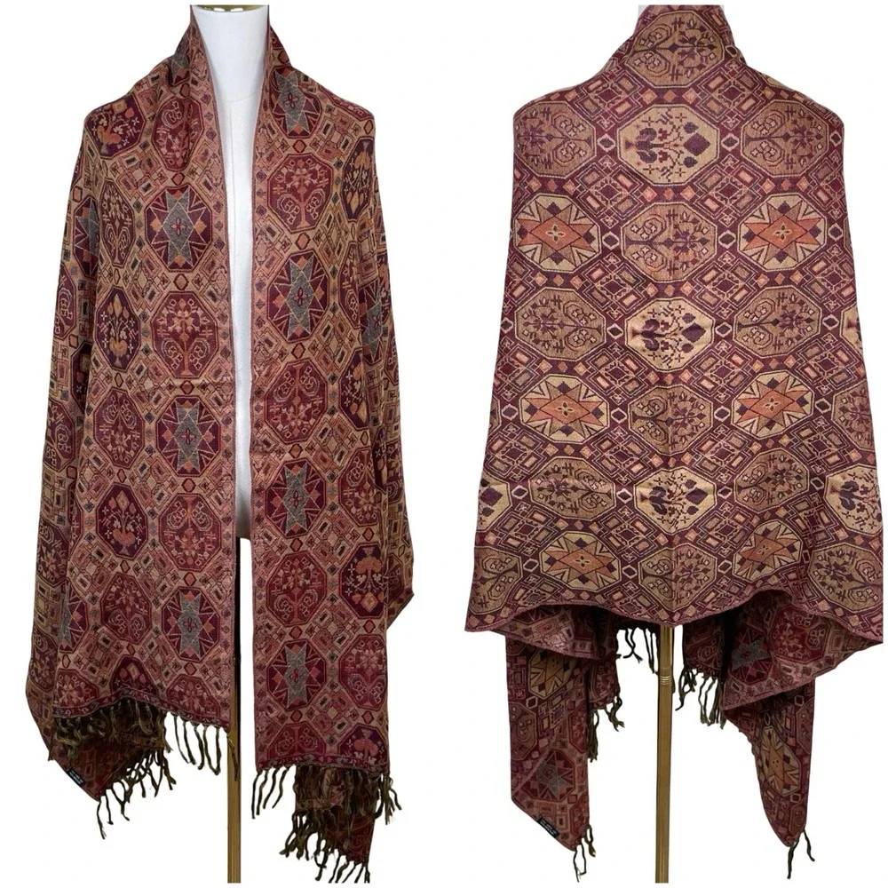 Vintage Pure Wool Pashmina Geometric Medallion Fringed Shawl Wrap Red Brown Gold